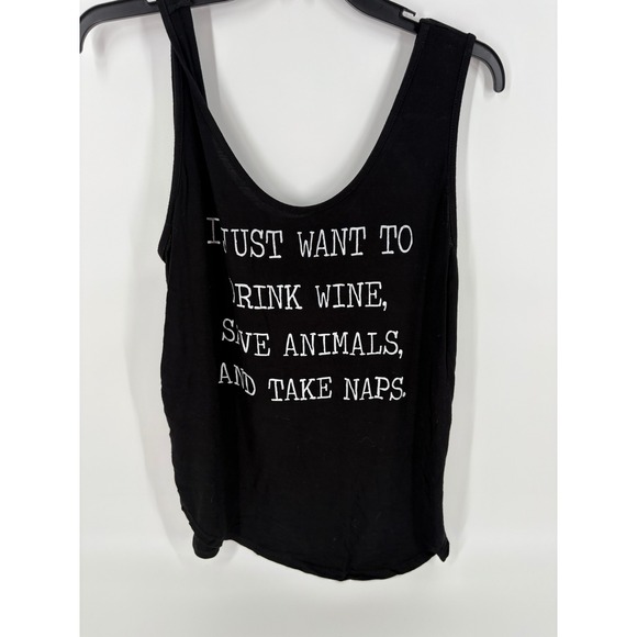 SuperDuperClothing.net Tops - SuperDuperClothing Black Graphic Tank Top Drink Wine Save Animals Naps *